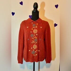 Alfred Dunner Vintage Cable Knit Embroidered Collared Sweater Womens  Medium
